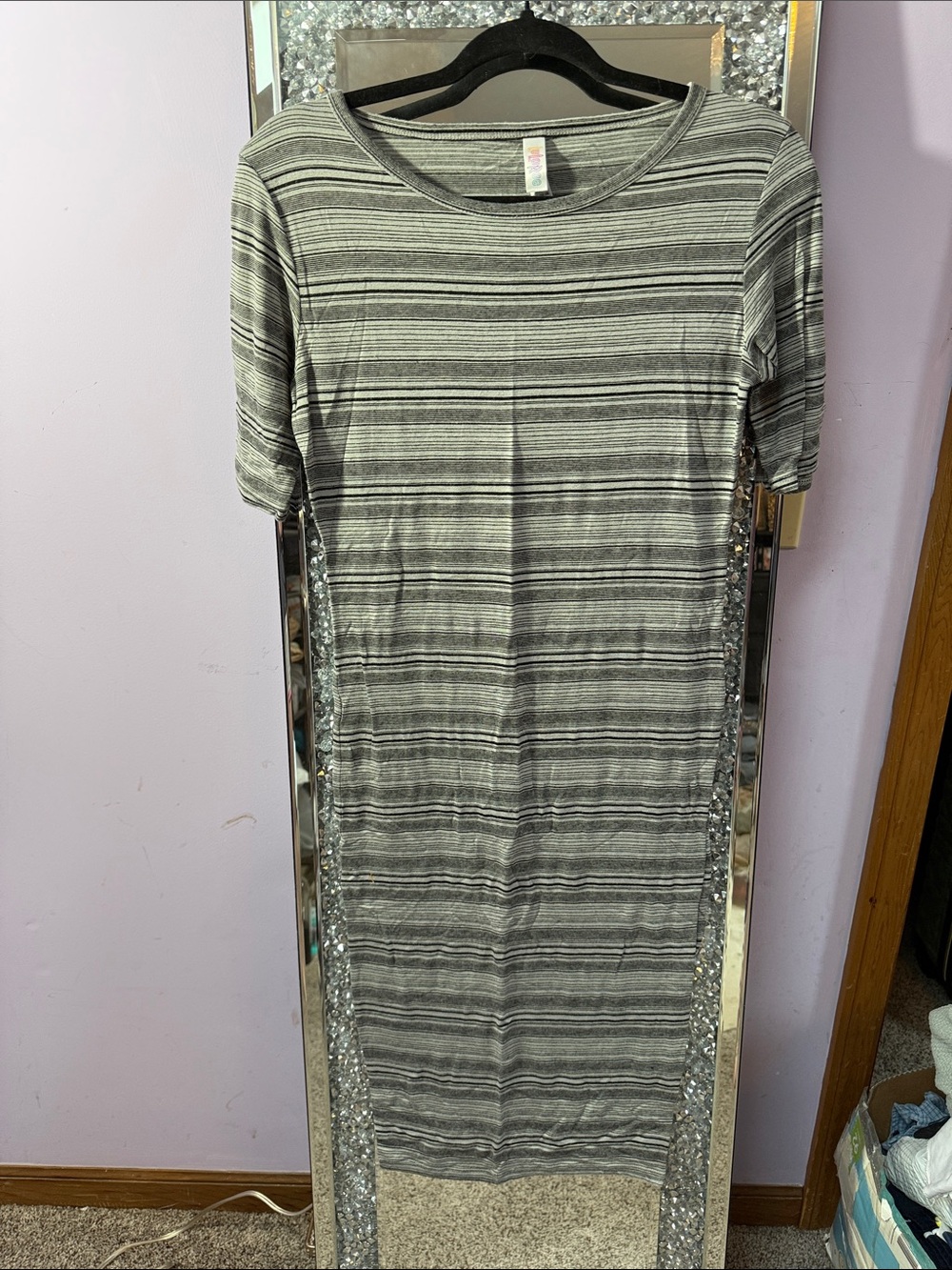 LuLaRoe Grey Striped Short Sleeve Midi Dress
